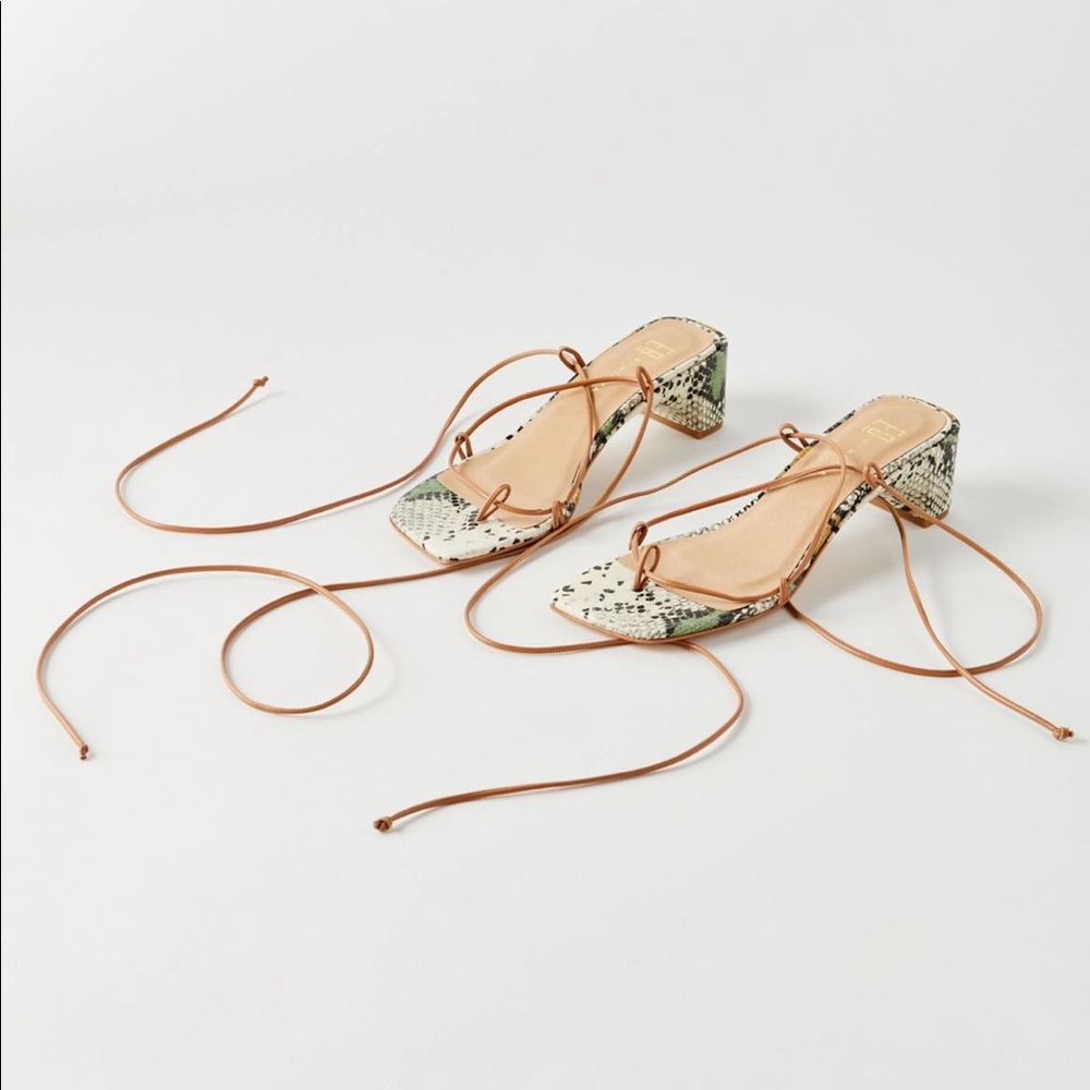 E8 Miista Emere Strappy Square Toe Sandals in Sage Almond Snake Print